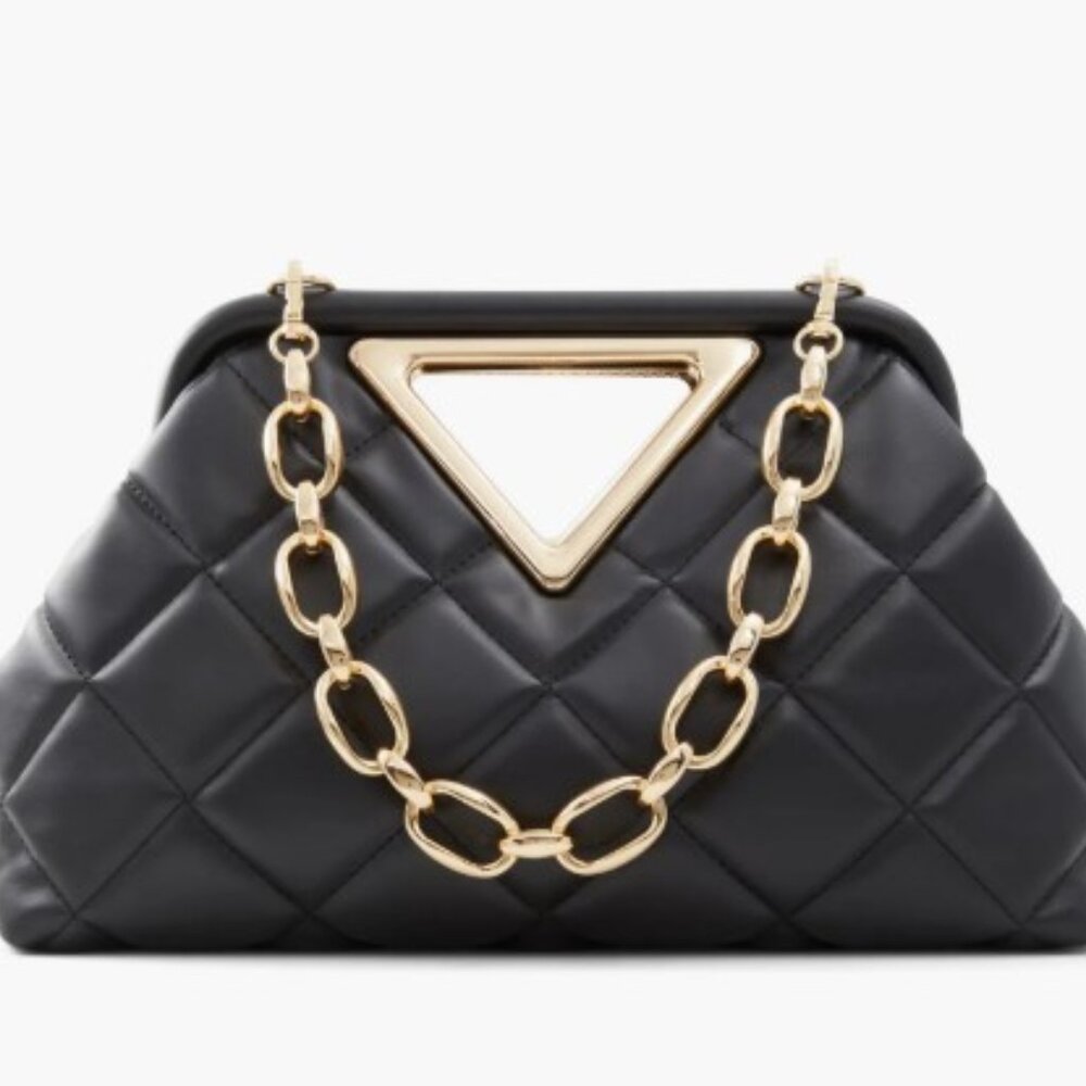 Aldo Clutch Jet Black Quilted Clutch with Gold Chain
